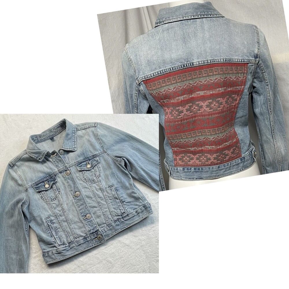 American Eagle Denim Jean Jacket Aztec Embroidered Southwest Trucker Blue Sz L